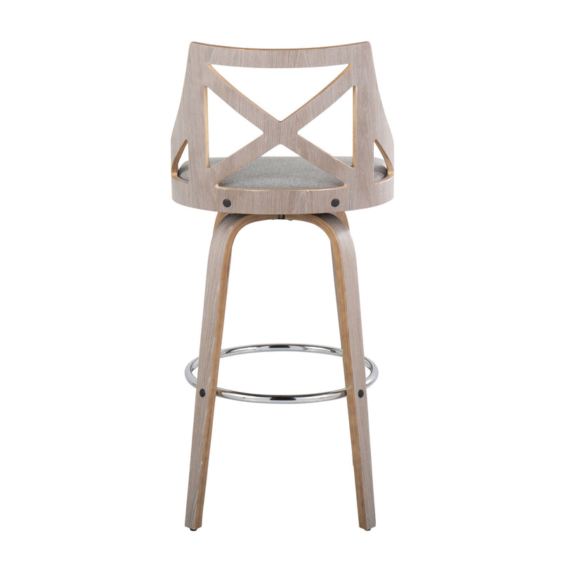 Lumi Source Charlotte farmhouse fixed height bar stools with round footrests, set of 2, showcasing wood finish and cushioned seats.