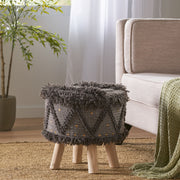 Dark brown handcrafted wool and cotton foot stool with eucalyptus wood frame by Noble House, styled as a versatile ottoman.