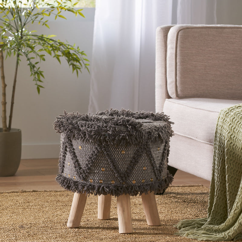 Dark brown handcrafted wool and cotton foot stool with eucalyptus wood frame by Noble House, styled as a versatile ottoman.