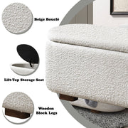 ACME Sandro storage bench with beige boucle fabric and walnut wood legs, featuring a cushioned seat and built-in storage compartment.