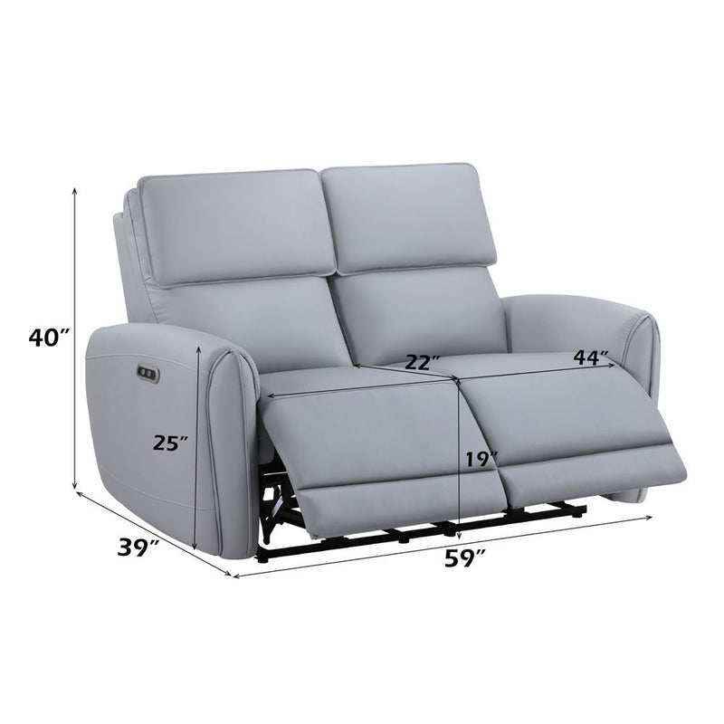 Gray synthetic leather reclining loveseat with power motion and built-in USB port by ACME, showcasing plush cushions and modern design.