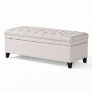 Noble House Juliana storage ottoman with birch legs, beige fabric, and cushioned top, ideal for living room or bedroom storage.