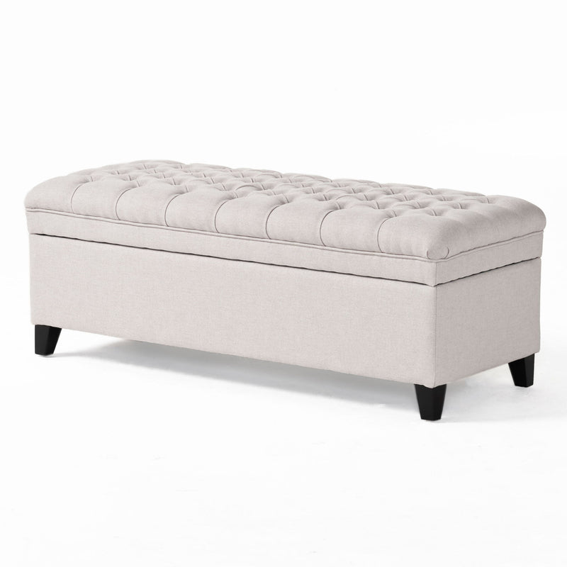 Noble House Juliana storage ottoman with birch legs, beige fabric, and cushioned top, ideal for living room or bedroom storage.