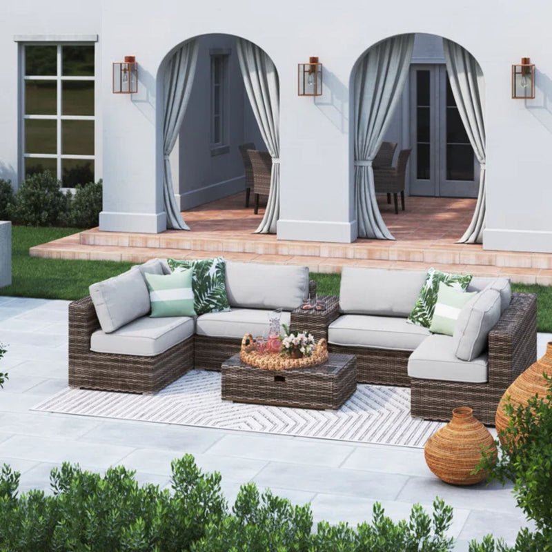Elegant 4 Person Wicker Patio Seating Set With Cushions And Glass Top Table - R&R Furniture Gallery (Fountain Valley, CA)