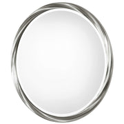 Uttermost Orion round wall mirror with silver frame, reflecting modern decor style and showcasing its sleek, circular design.