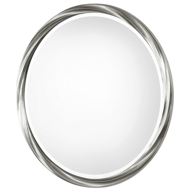 Uttermost Orion round wall mirror with silver frame, reflecting modern decor style and showcasing its sleek, circular design.