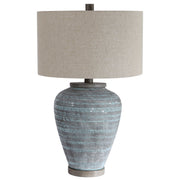 Uttermost Pelia table lamp with light aqua ceramic base and fabric shade, modern design for living room or bedroom decor