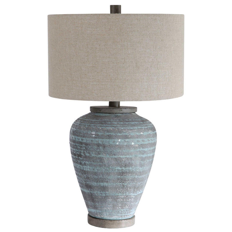 Uttermost Pelia table lamp with light aqua ceramic base and fabric shade, modern design for living room or bedroom decor