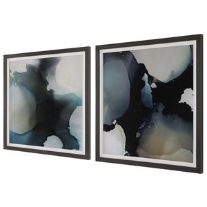 Pair of abstract framed prints by Uttermost, telescopic design in black, modern wall art for contemporary decor.