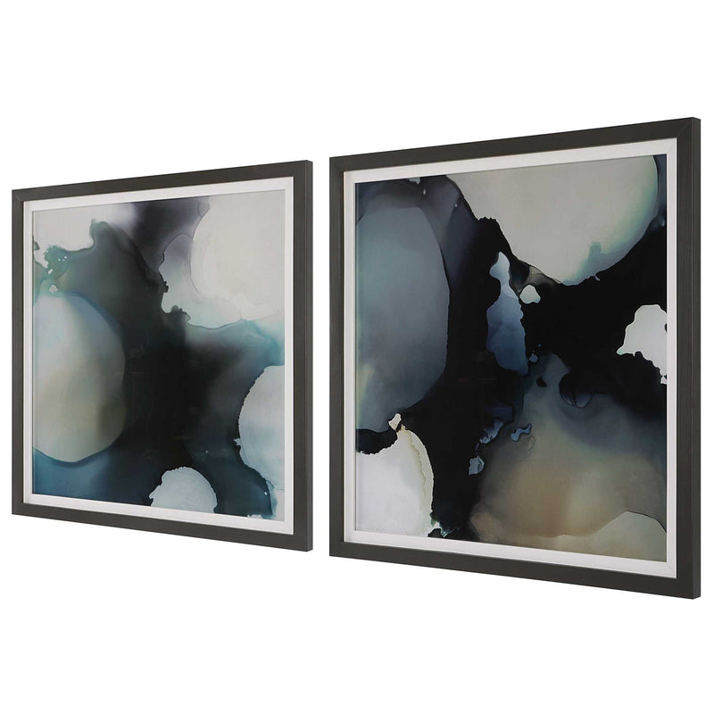 Pair of abstract framed prints by Uttermost, telescopic design in black, modern wall art for contemporary decor.