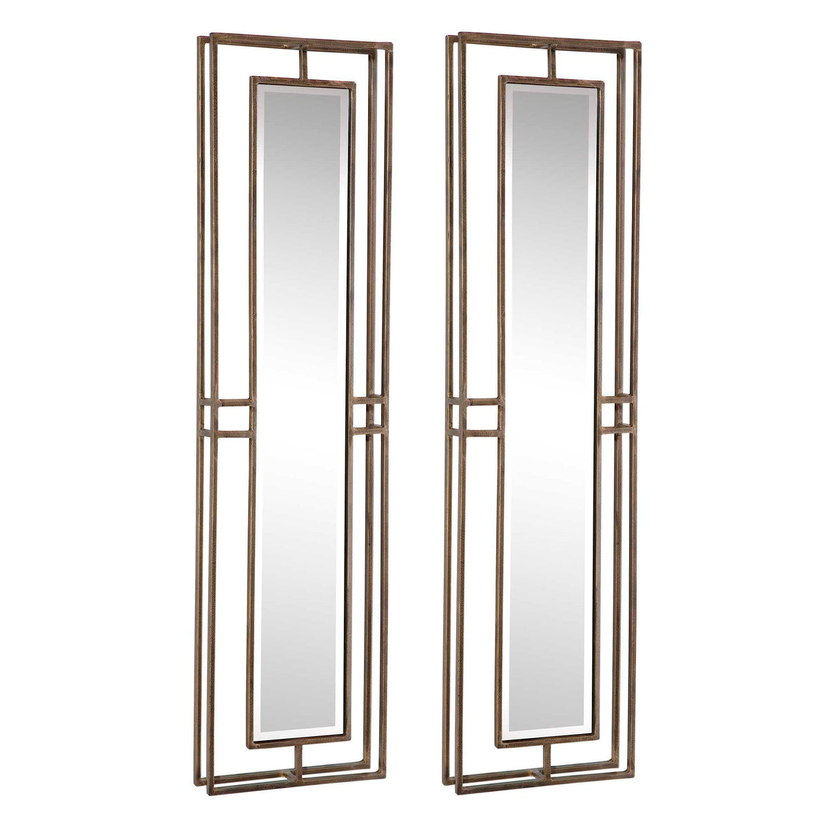 Set of two gold wall mirrors from Uttermost Rutledge collection, featuring elegant round frames and reflective glass surfaces.