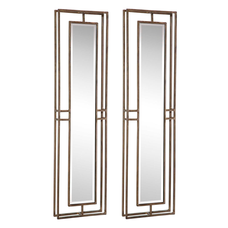 Set of two gold wall mirrors from Uttermost Rutledge collection, featuring elegant round frames and reflective glass surfaces.