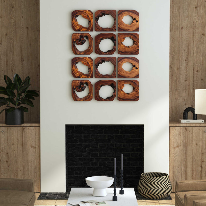 Set of 6 dark brown Adlai wood wall art pieces by Uttermost, modern wall decor for living or office spaces.