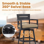 Outdoor patio bar set with rounded square sintered stone table and four swivel chairs by Life Outside.