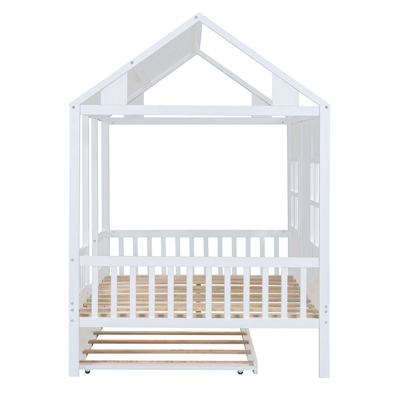 DreamHaus house bed with twin-size trundle, featuring a cozy daybed design and sturdy wooden frame for kids' room decor.