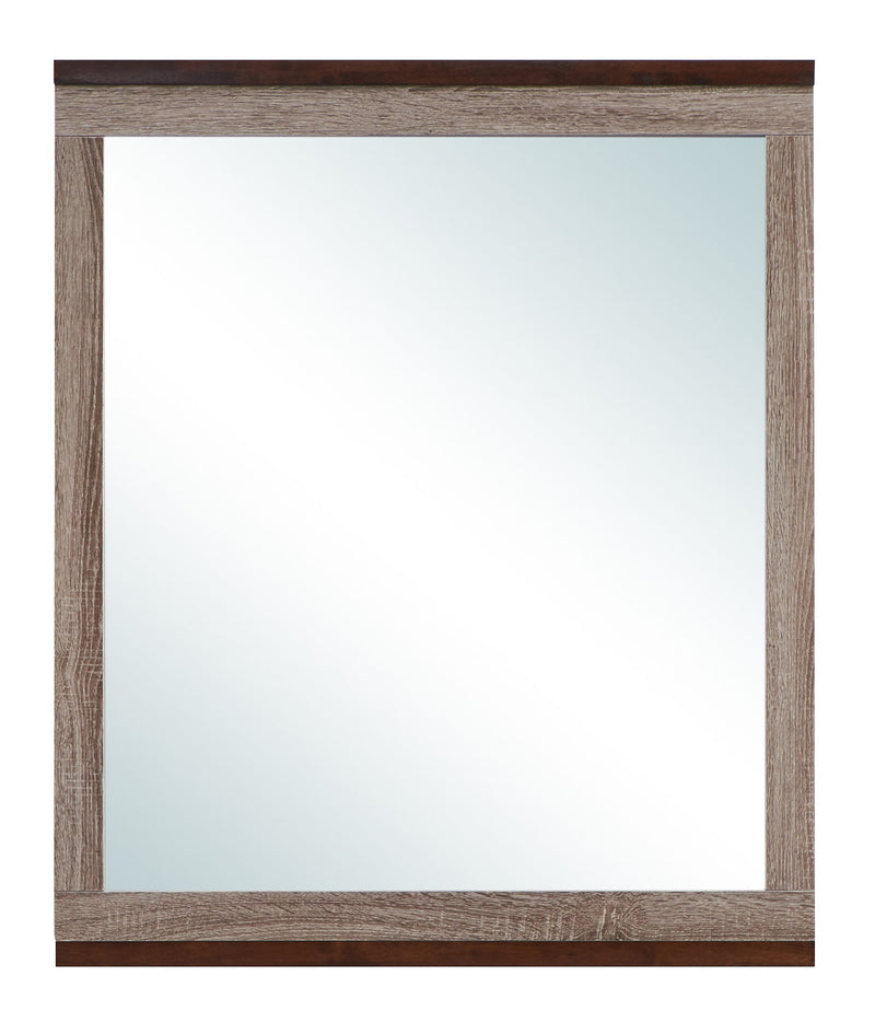 Gray and brown Magnolia mirror by Glory Furniture featuring a sleek rectangular frame and modern design.