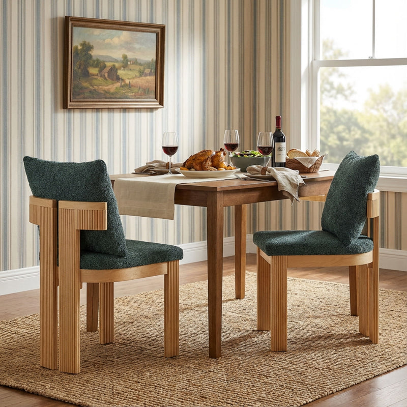 Set of two Noble House indoor dining chairs with cushioned seats and wooden legs, ideal for kitchen or dining room decor.
