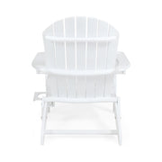 Noble House Zenithia outdoor foldable Adirondack arm chair with built-in 2 cup holders, made of durable wood in a natural finish.