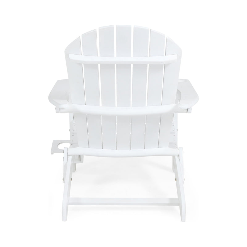 Noble House Zenithia outdoor foldable Adirondack arm chair with built-in 2 cup holders, made of durable wood in a natural finish.