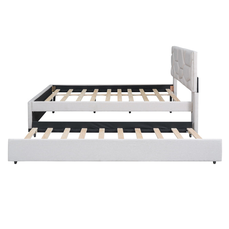 Upholstered Platform Bed With Brick Pattern Headboard And Twin Long Size Trundle - R&R Furniture Gallery (Fountain Valley, CA)
