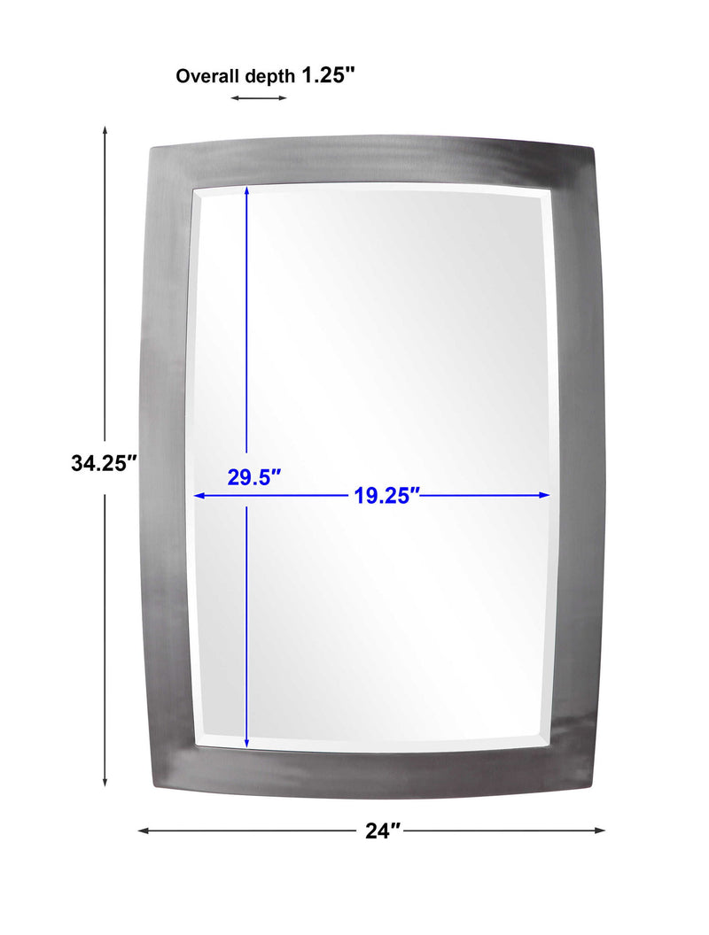 Uttermost Haskill wall mirror with brushed nickel finish, featuring a sleek, modern design and a rectangular reflective surface.