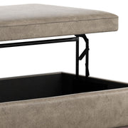 Simpli-Home Owen multifunctional square coffee table with storage ottoman, featuring a cushioned top and wooden legs.