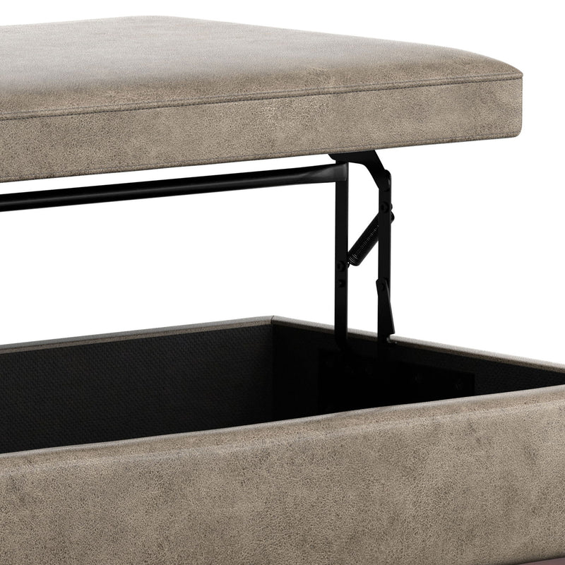 Simpli-Home Owen multifunctional square coffee table with storage ottoman, featuring a cushioned top and wooden legs.