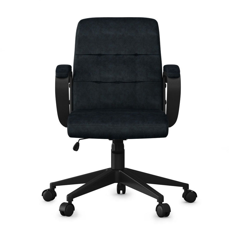Simpli-Home distressed blue swivel office chair with cushioned seat and backrest, on five-wheel base, adjustable height.