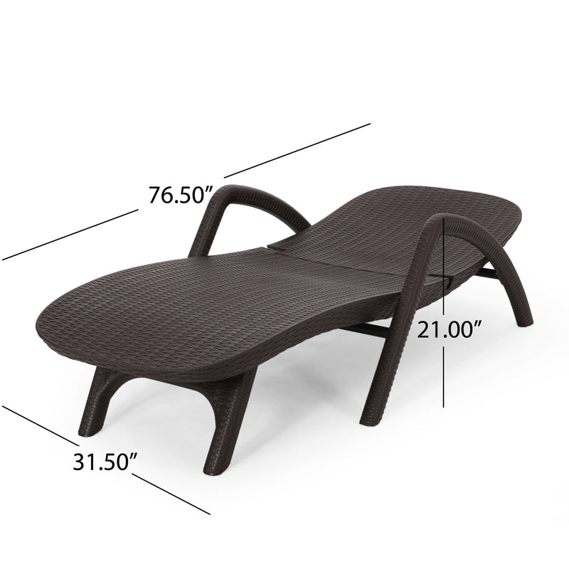 Dark brown polypropylene resin chaise lounge by Noble House with handcrafted details, ideal for outdoor relaxation and stylish patio decor.