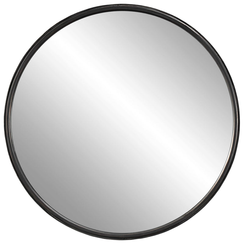 Round black accent mirror by Uttermost with a sleek modern frame, ideal for contemporary home decor.