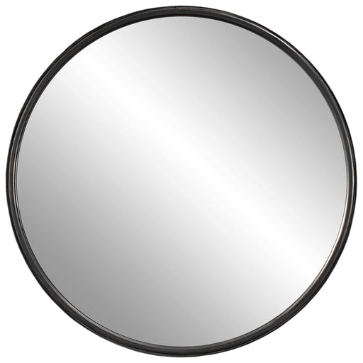 Round black accent mirror by Uttermost with a sleek modern frame, ideal for contemporary home decor.