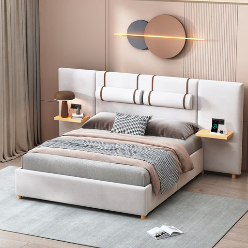 Upholstered Platform Bed, 2 Outlets And USB Charging Ports On Both Sides, 2 Bedside Pillows, Storage Shelves - R&R Furniture Gallery (Fountain Valley, CA)