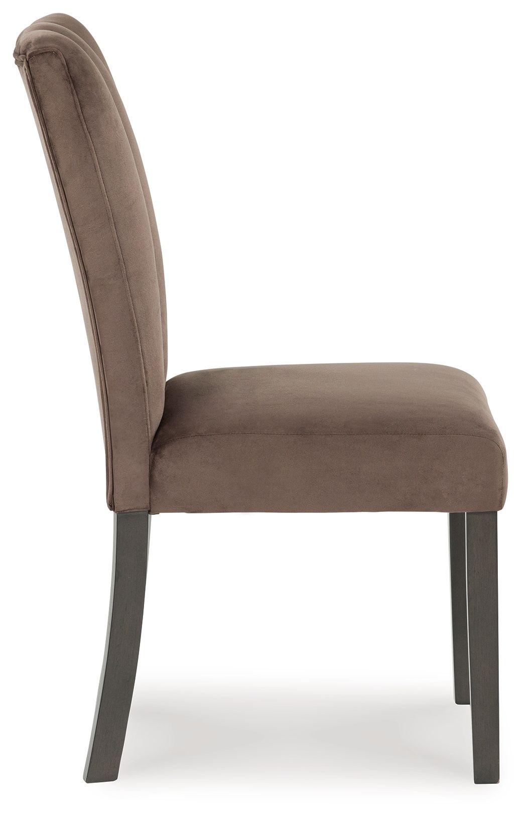 Set of two Jeshina dining upholstered side chairs in mocha fabric by Signature Design Ashley, showing padded seats and sleek backrests.