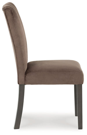 Set of two Jeshina dining upholstered side chairs in mocha fabric by Signature Design Ashley, showing padded seats and sleek backrests.