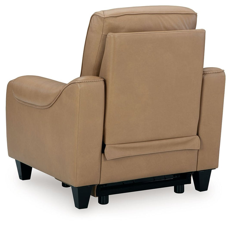 Ashley Mosswell power recliner with adjustable headrest in toffee leather, featuring plush cushioning and modern design.