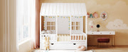 DreamHaus house bed with twin size trundle, cozy daybed featuring playful house-shaped design and sturdy wood construction.