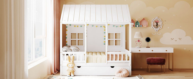 DreamHaus house bed with twin size trundle, cozy daybed featuring playful house-shaped design and sturdy wood construction.