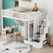DreamHaus loft bed with integrated bookshelf, drawers, desk, and wardrobe for space-saving bedroom organization.