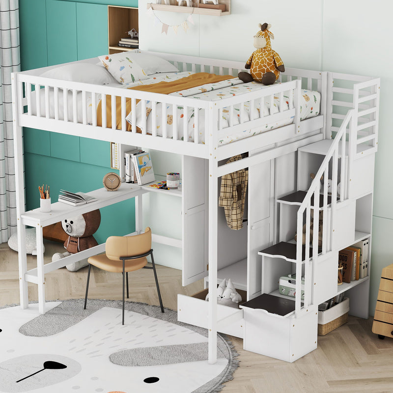 DreamHaus loft bed with integrated bookshelf, drawers, desk, and wardrobe for space-saving bedroom organization.