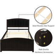 DreamHaus platform bed with headboard, footboard, and wood slat support, showcasing a modern wooden frame with clean lines.