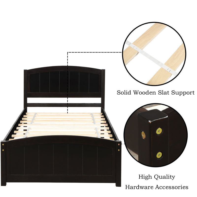 DreamHaus platform bed with headboard, footboard, and wood slat support, showcasing a modern wooden frame with clean lines.