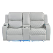 Elonzo - Power Motion Loveseat With Console, LED, Power Headrest & Speaker - Light Gray - R&R Furniture Gallery (Fountain Valley, CA)