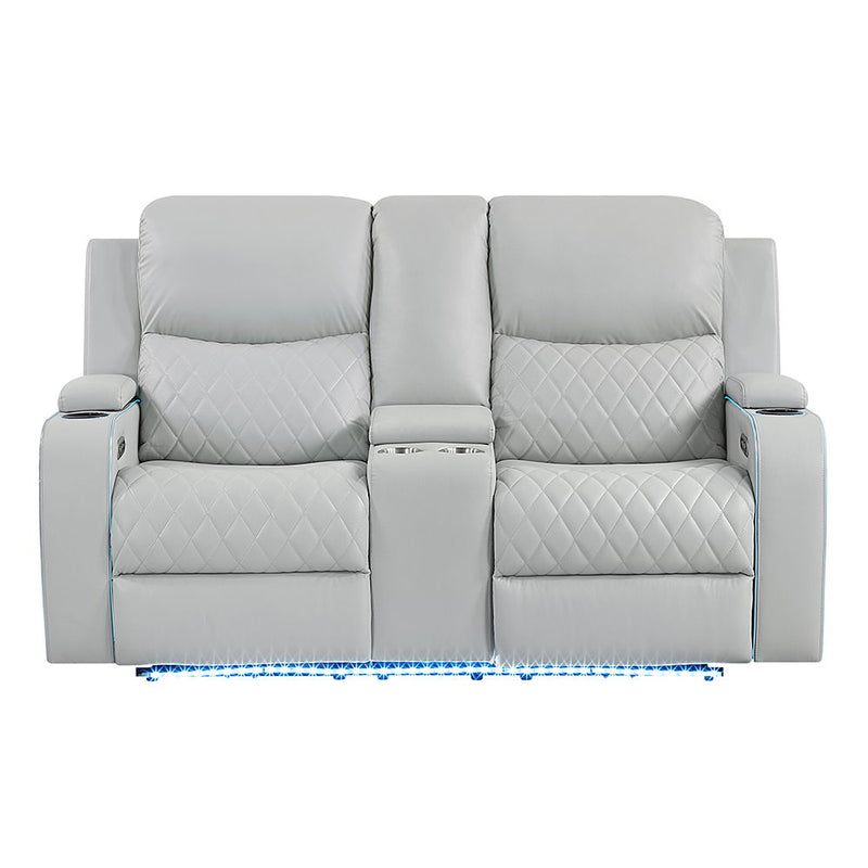 Elonzo - Power Motion Loveseat With Console, LED, Power Headrest & Speaker - Light Gray - R&R Furniture Gallery (Fountain Valley, CA)