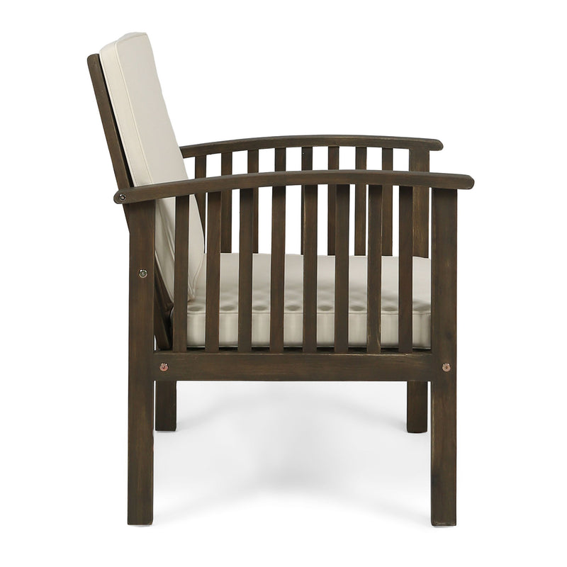Noble House Casa Acacia wood club chair set with water-resistant gray and cream cushions, featuring a stylish outdoor patio design.