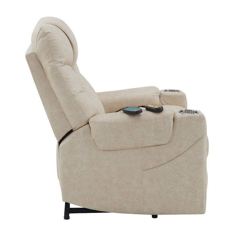 Nairi - Power Recliner With Lift, Heating & Massage - Ivory Polished Microfiber - R&R Furniture Gallery (Fountain Valley, CA)