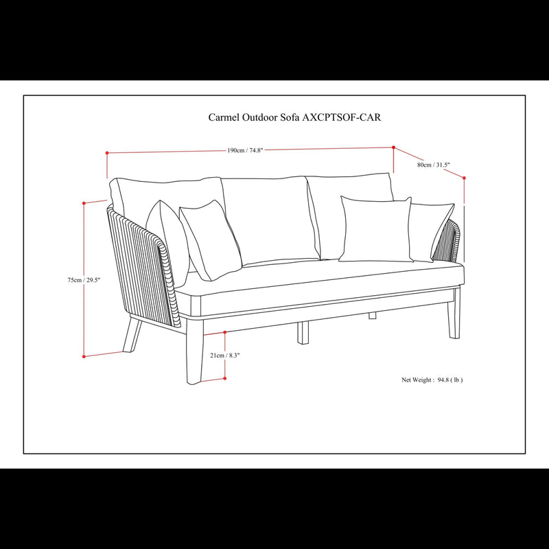Simpli-Home Carmel outdoor sofa in Sand Drift with plush cushions and weather-resistant frame, ideal for patio seating.