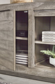 Naydell - XL TV Stand w/Fireplace Option - Gray - R&R Furniture Gallery (Fountain Valley, CA)