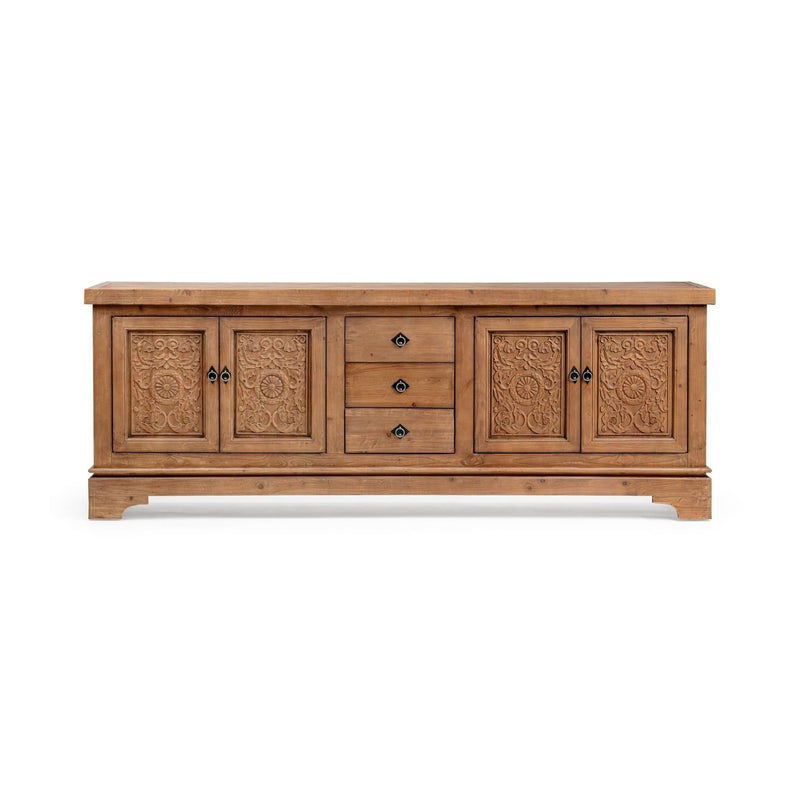 Classic Home Amita brown 3-drawer, 4-door buffet cabinet with wood finish, featuring sleek handles and spacious storage.