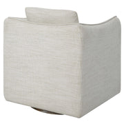 Silver Corben swivel armchair by Uttermost featuring a modern design with a rounded back and metal swivel base.