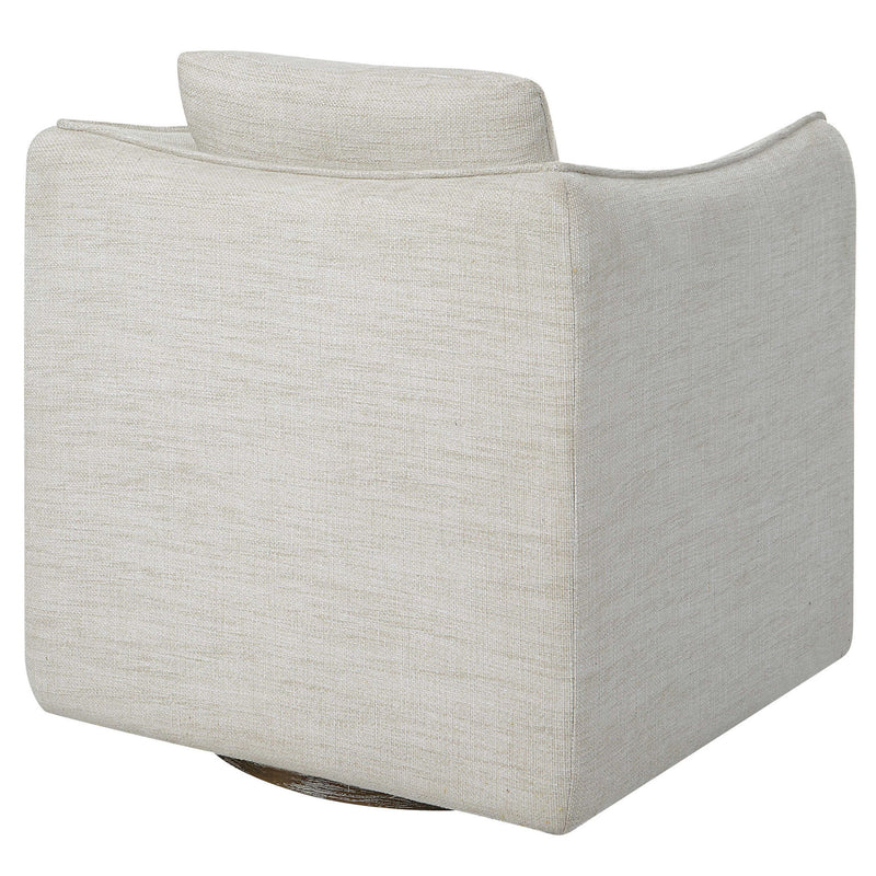 Silver Corben swivel armchair by Uttermost featuring a modern design with a rounded back and metal swivel base.